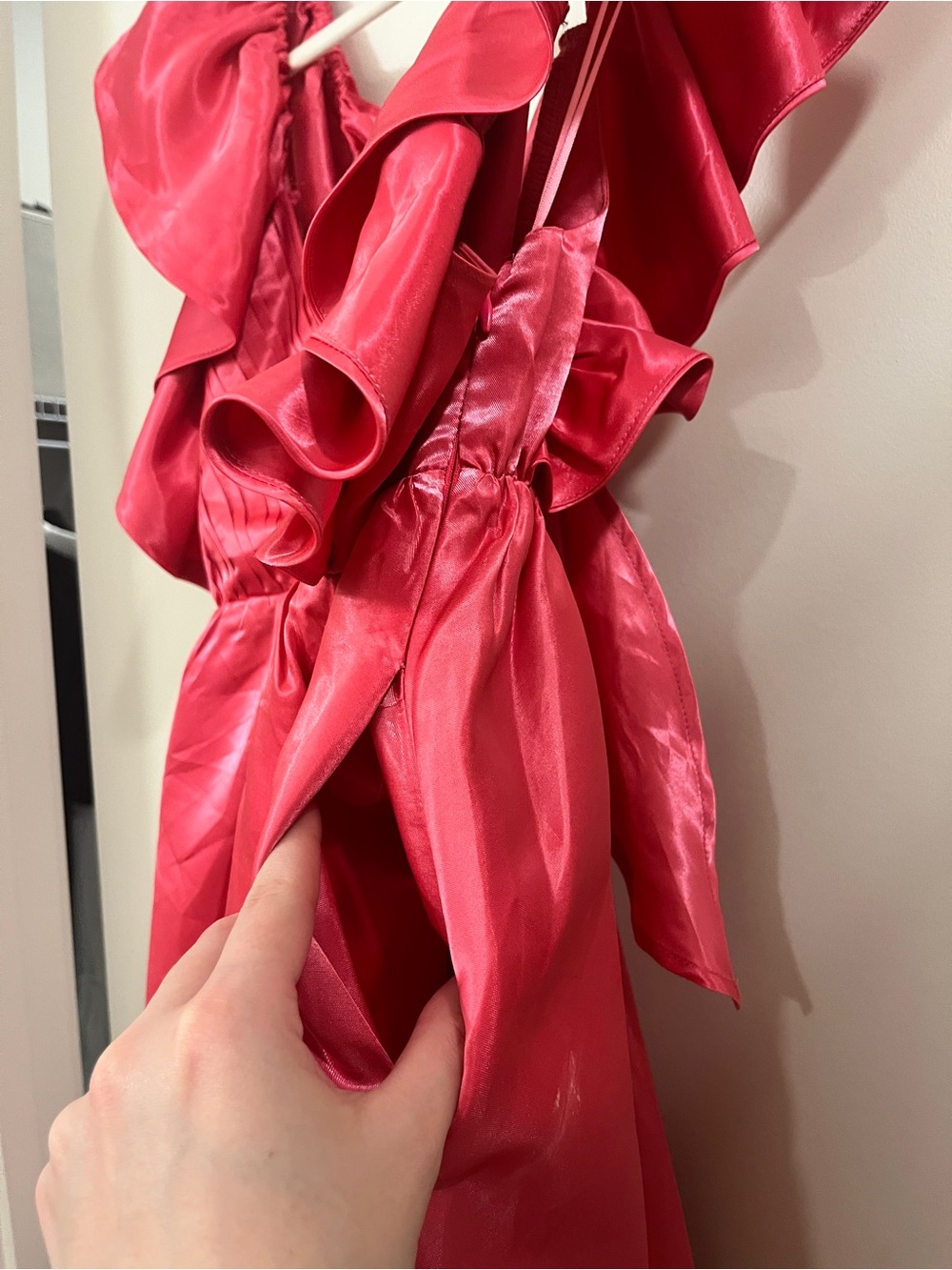 Women's Pink Satin Mini Dress with Ruffle Sleeves - Picture 4 of 8
